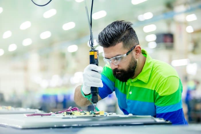 Specialist inspecting a product in production