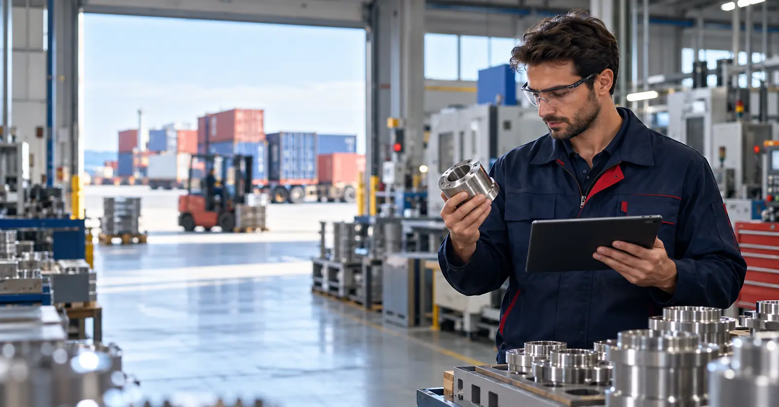 ISO 9001 quality control: a quality manager inspecting a metal part with a tablet in a manufacturing plant, with export shipping containers in the background